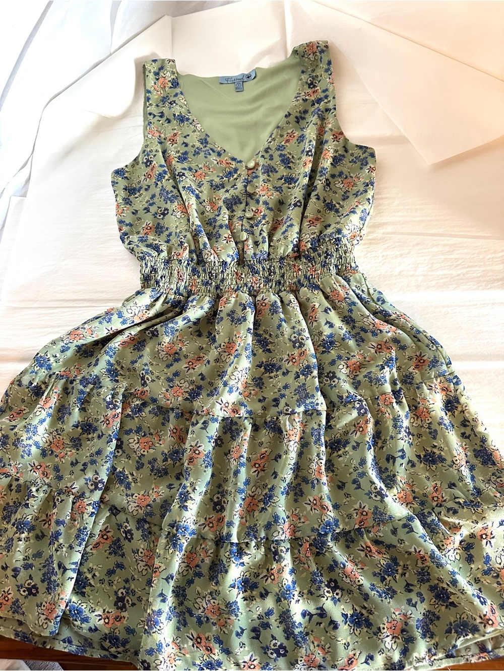 Fishbowl Green Floral Dress -Small V-Neck Smocked Waist